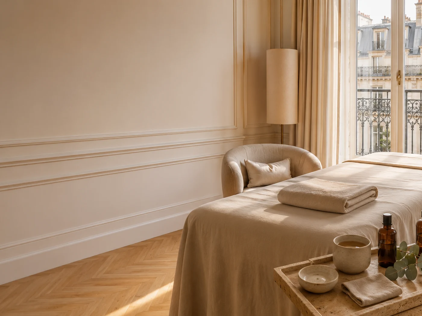 Massage table installed in an elegant Parisian apartment