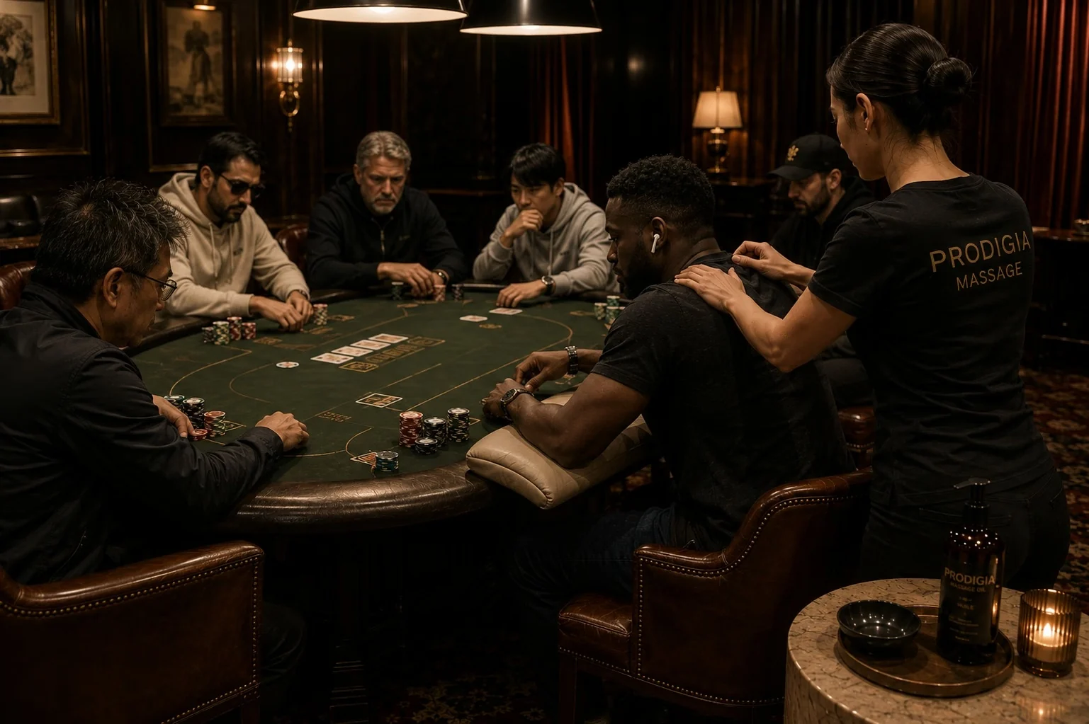 Massage assis discret pendant un tournoi de poker haut de gamme